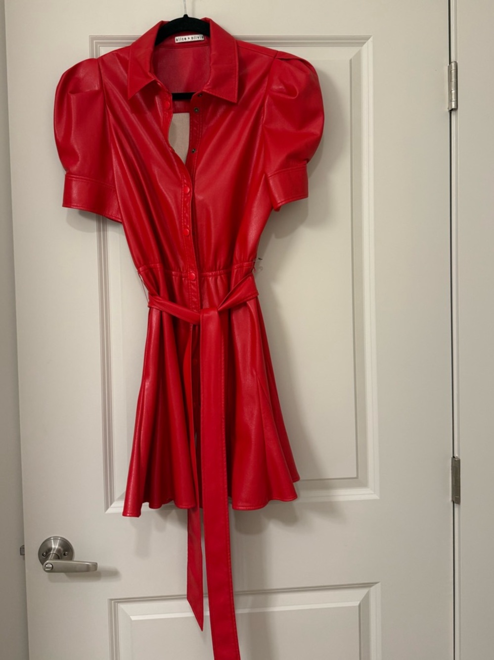 Alice + Olivia Faux Leather Red Shirt Dress with Tie Belt